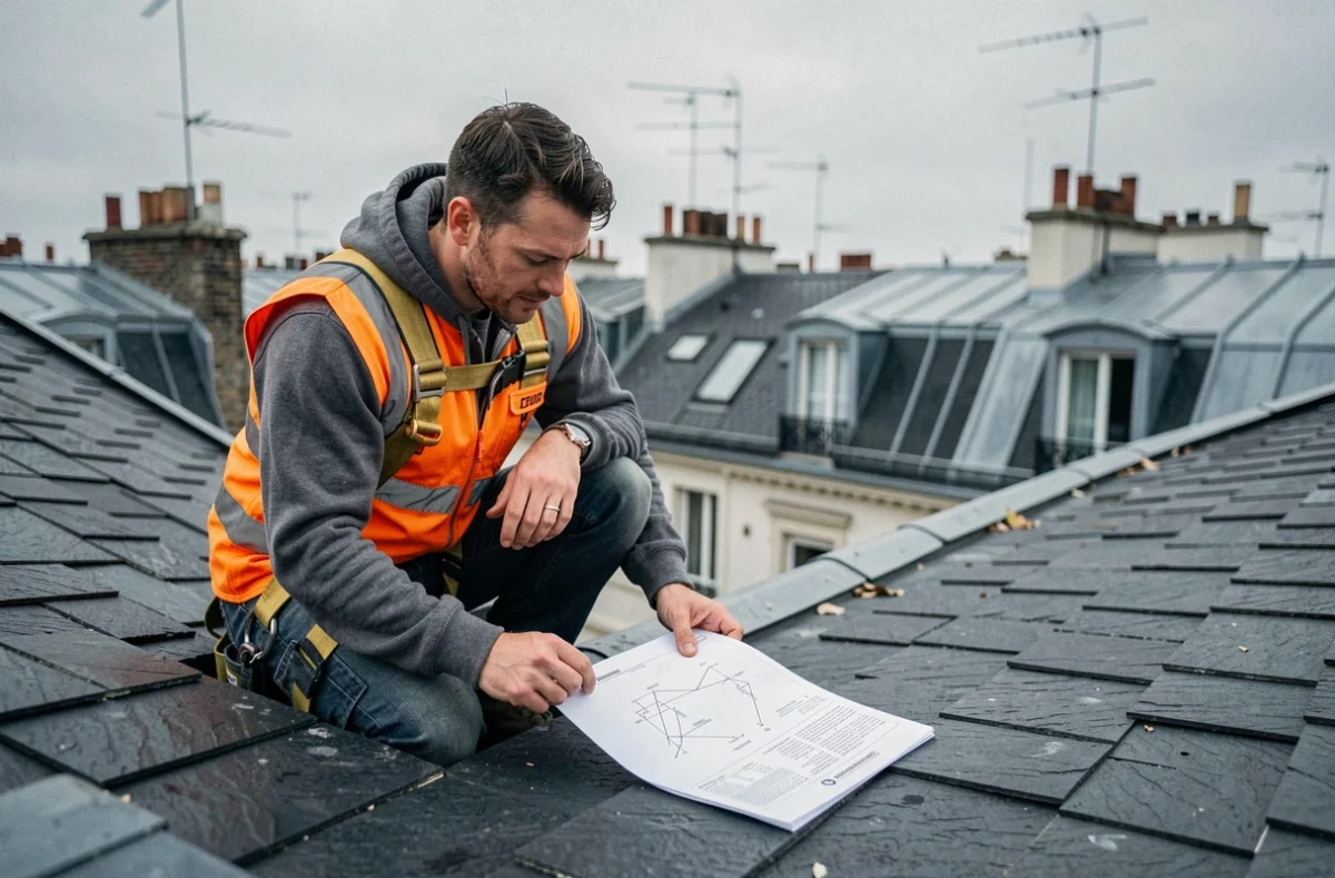 Couvreur consultant un guide technique de dimensionnement d'ardoises sur un toit en pente moyenne en milieu urbain