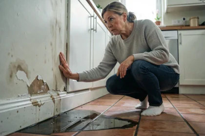 Femme examinant des dégâts des eaux sur la plinthe de sa cuisine avec des traces d'humidité visibles