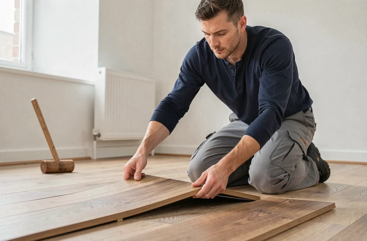 Homme retirant facilement un parquet clipsable dans un appartement en location, illustration de la dépose sans dommage