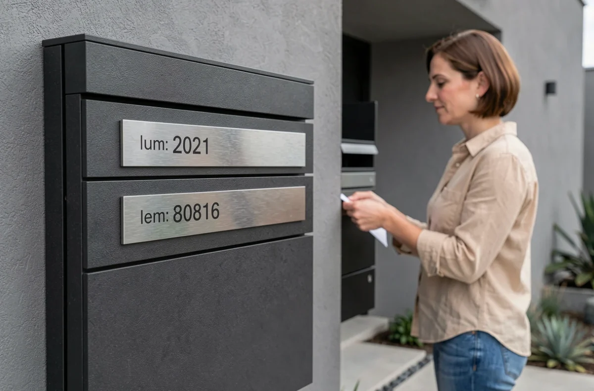 Détail d'un habillage boîte aux lettres en composite anthracite avec numéros en acier brossé sur maison contemporaine