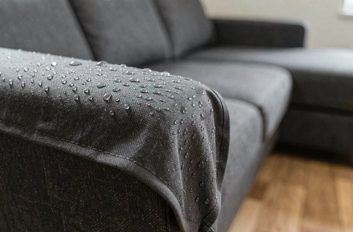 Gros plan sur la surface imperméable d'une housse de canapé en L avec gouttes d'eau visibles