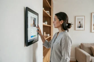 Femme explorant les fonctions d'un écran numérique pour photos dans un salon moderne et épuré