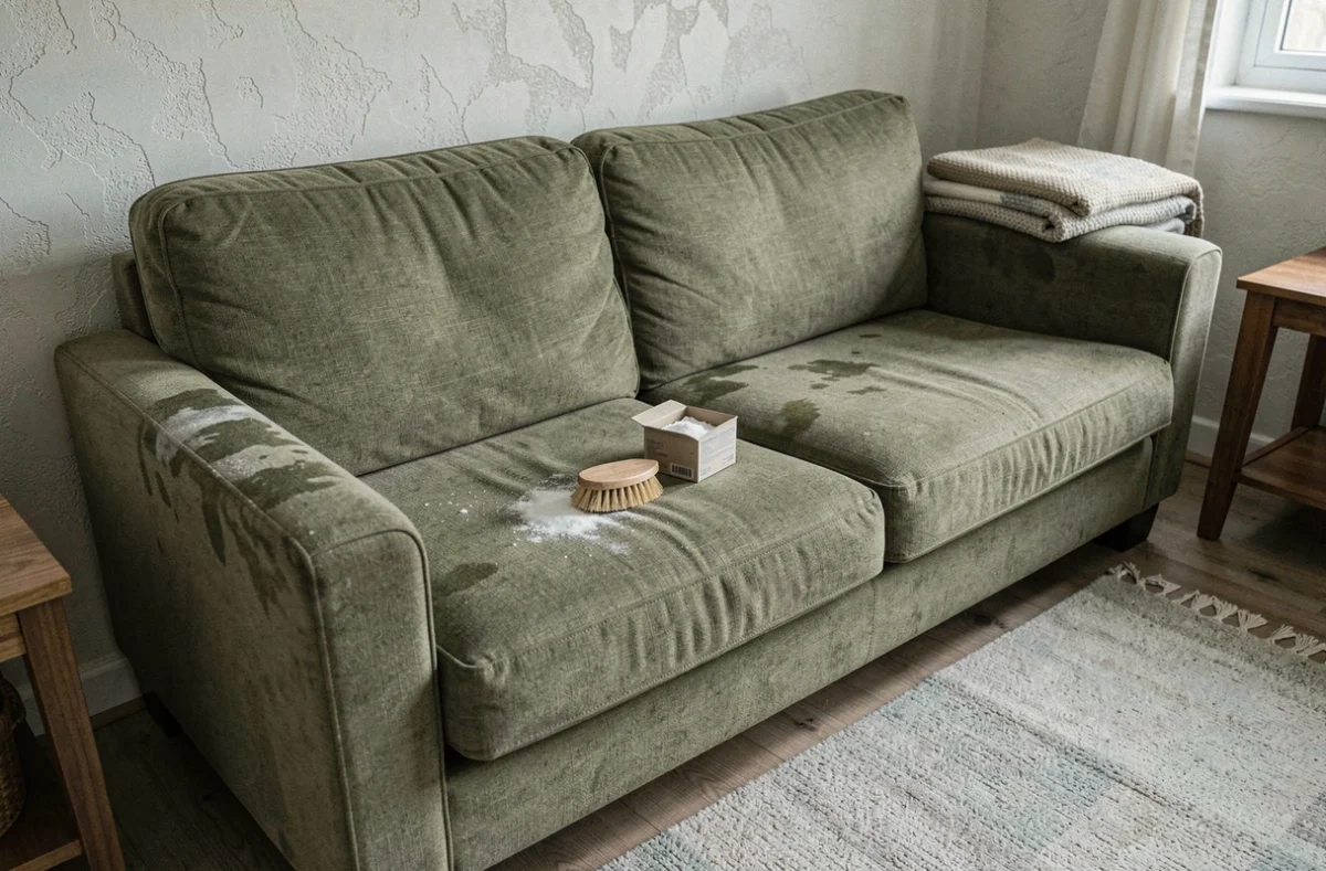 Canapé en tissu traité contre les odeurs d'humidité avec du bicarbonate de soude dans un salon