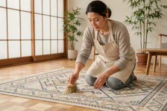 Femme entretenant un tapis japonisant en laine à motifs géométriques indigo avec une brosse douce sur parquet en chêne