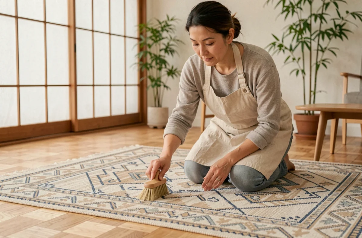 Femme entretenant un tapis japonisant en laine à motifs géométriques indigo avec une brosse douce sur parquet en chêne