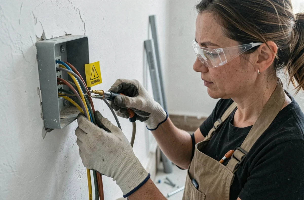 Femme bricoleur connectant des câbles électriques dans un boîtier de dérivation mural avec erreur de section visible