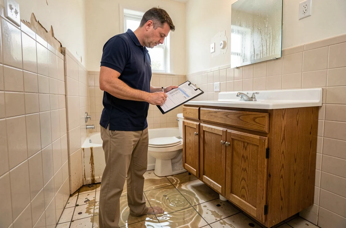 Expert en assurance évaluant les dégâts des eaux dans une salle de bain avec carrelage endommagé