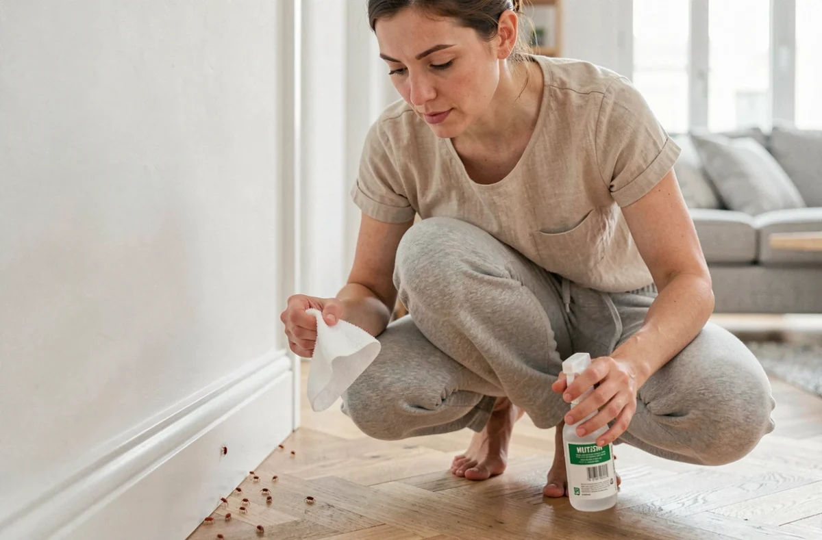 Femme traitant une invasion de petits insectes rouges sur une plinthe intérieure avec un produit naturel