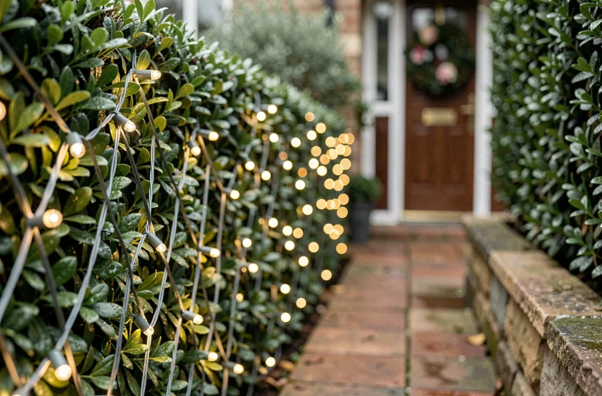 Gros plan sur un filet de lumières LED économiques décorant une haie de jardin pour Noël extérieur