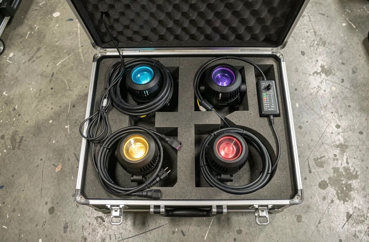 Flight case ouvert contenant des projecteurs PARLED, câbles DMX et contrôleur dans un entrepôt de matériel scénique