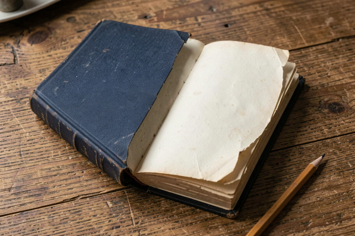 Livre relié bleu foncé posé ouvert sur un bureau en bois avec un crayon à côté illustrant la nuance foncée
