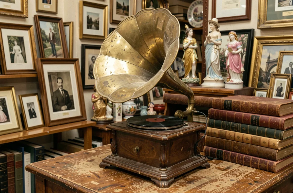 Gramophone ancien en laiton avec pavillon évasé posé sur une table en bois dans une boutique d'antiquités