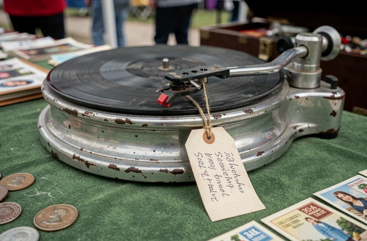 Détail d'un gramophone ancien avec étiquette de prix dans un marché aux puces en plein air