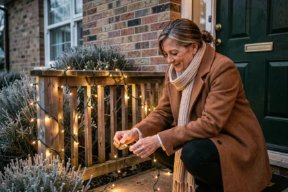 Femme installant des guirlandes LED économiques sur le porche d'une maison en hiver pour une décoration de Noël extérieure abordable