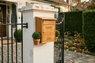 Boîte aux lettres habillée en bois de chêne sur pilier en pierre à l'entrée d'une maison de banlieue française
