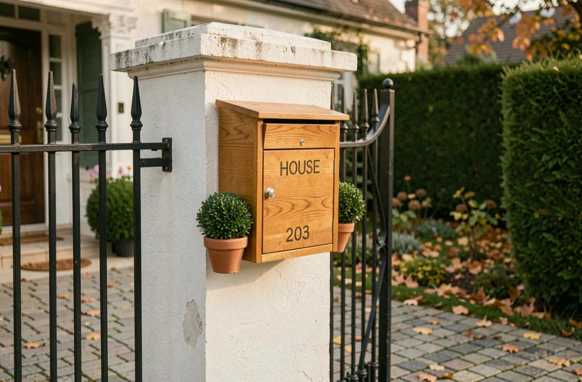 Boîte aux lettres habillée en bois de chêne sur pilier en pierre à l'entrée d'une maison de banlieue française