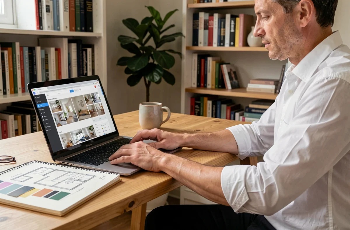 Homme planifiant un relooking complet de son intérieur avec une application de décoration sur ordinateur et un carnet de croquis dans un bureau à domicile