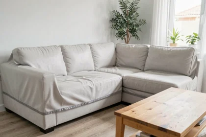 Housse imperméable sur un canapé en L dans un salon de location courte durée type Airbnb