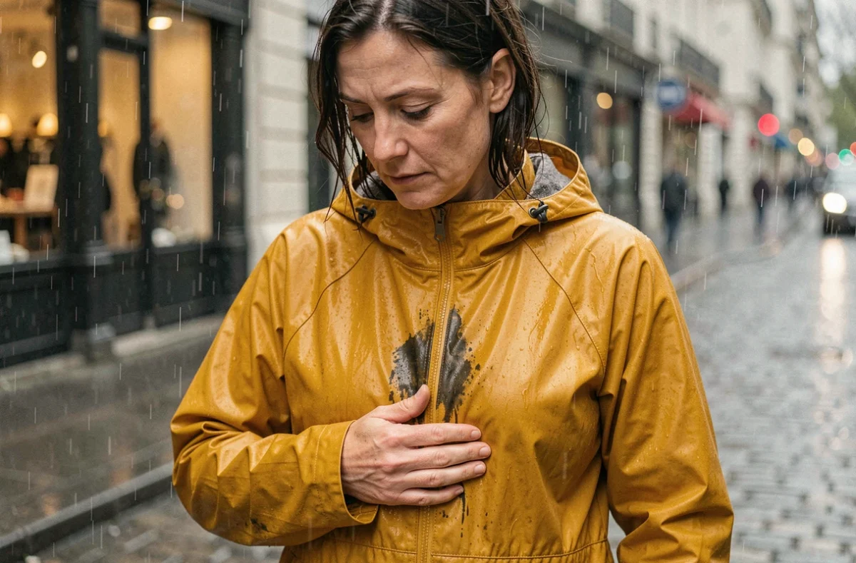 Femme portant un imperméable en tissu enduit sous la pluie urbaine, montrant les zones où l'imperméabilité devient limitée au niveau des coutures et fermetures