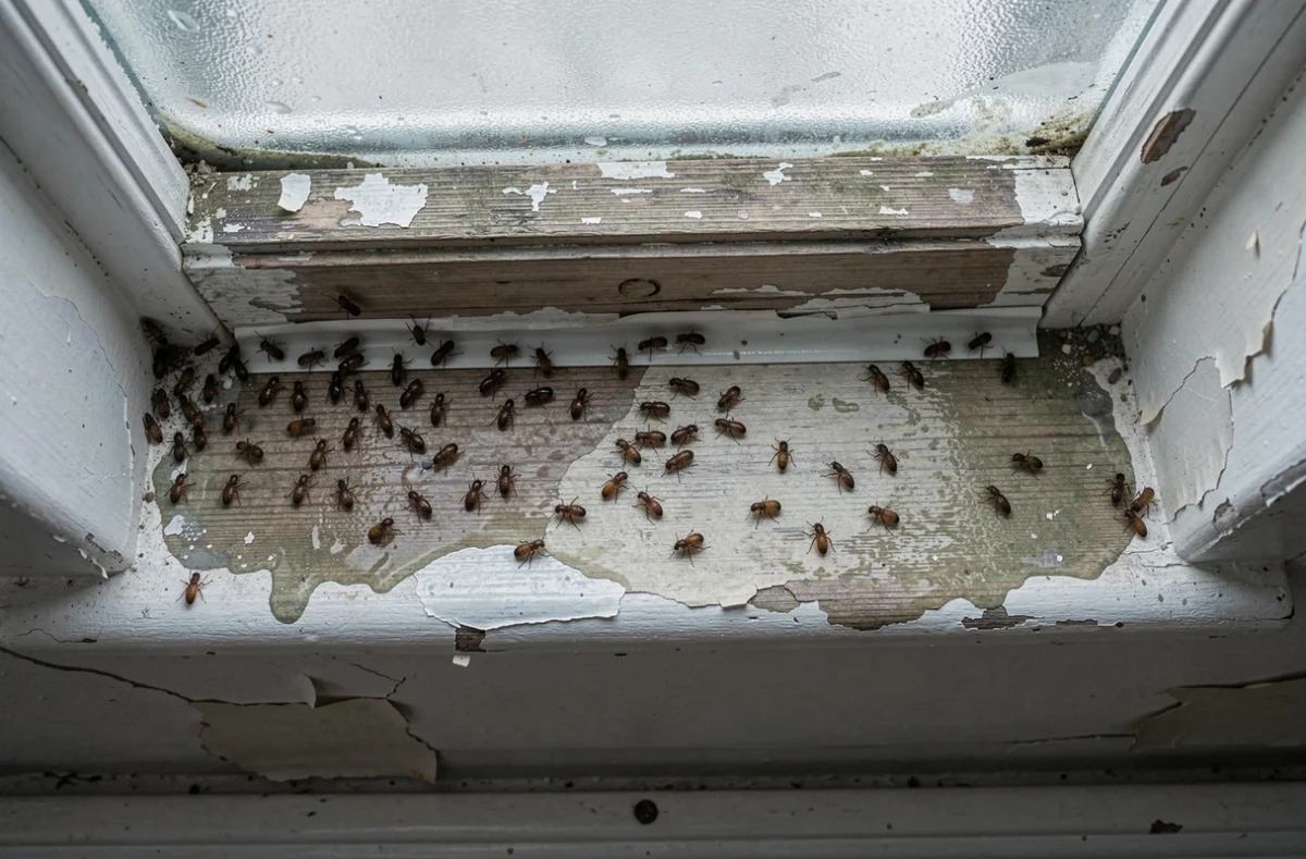 Vue en plongée d'une fenêtre de salle de bain infestée de petits insectes marrons attirés par l'humidité et les joints défectueux