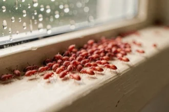 Gros plan macro de petits insectes rouges regroupés sur un rebord de fenêtre intérieur après la pluie