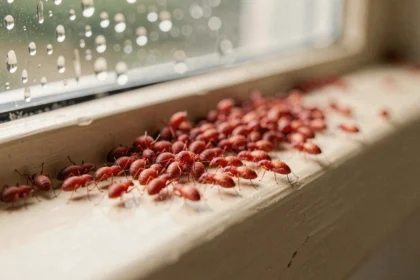 Gros plan macro de petits insectes rouges regroupés sur un rebord de fenêtre intérieur après la pluie