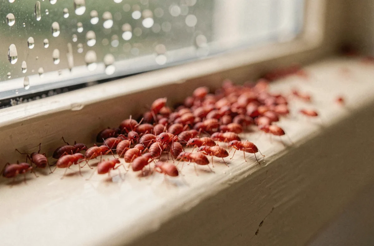 Gros plan macro de petits insectes rouges regroupés sur un rebord de fenêtre intérieur après la pluie