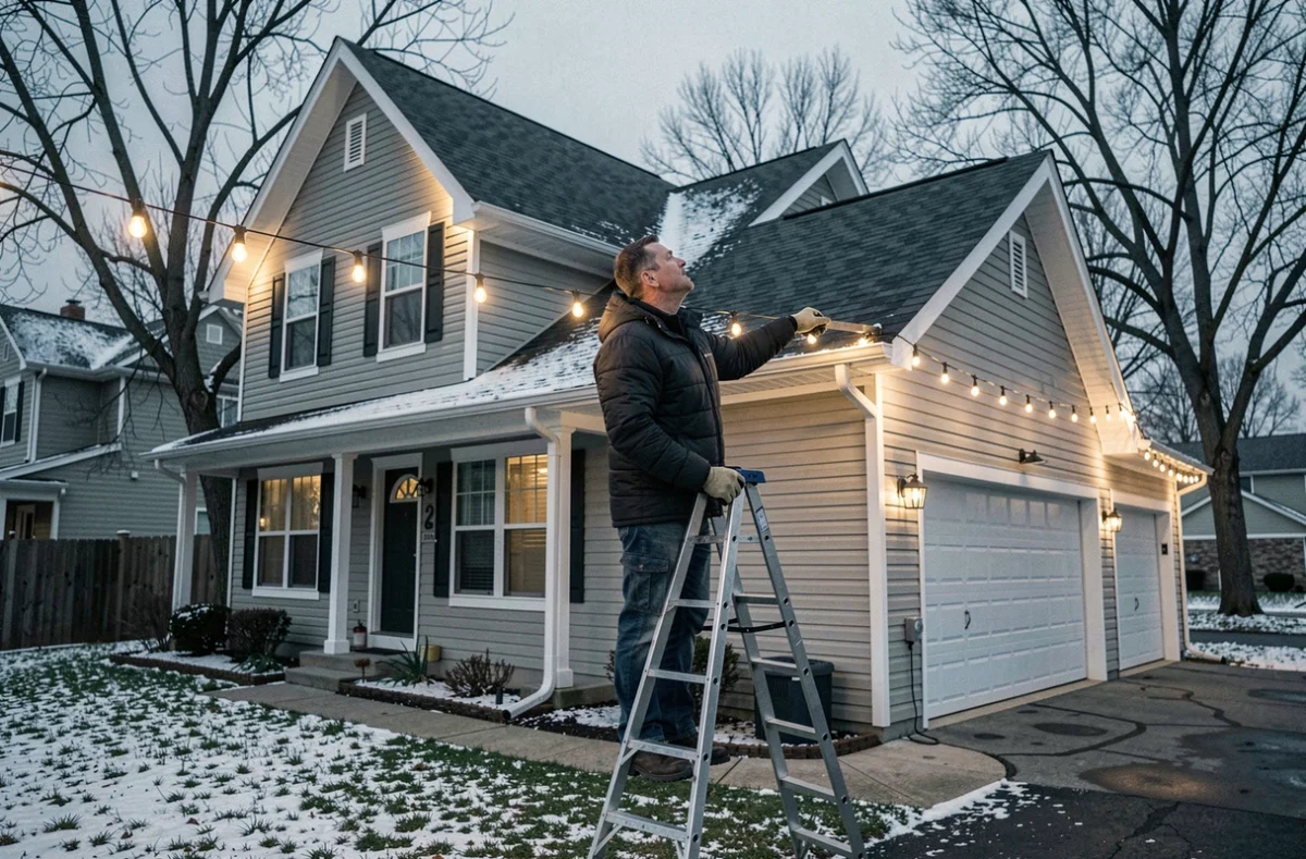 Homme installant des guirlandes solaires économiques en hauteur sur la façade d'une maison pour Noël extérieur