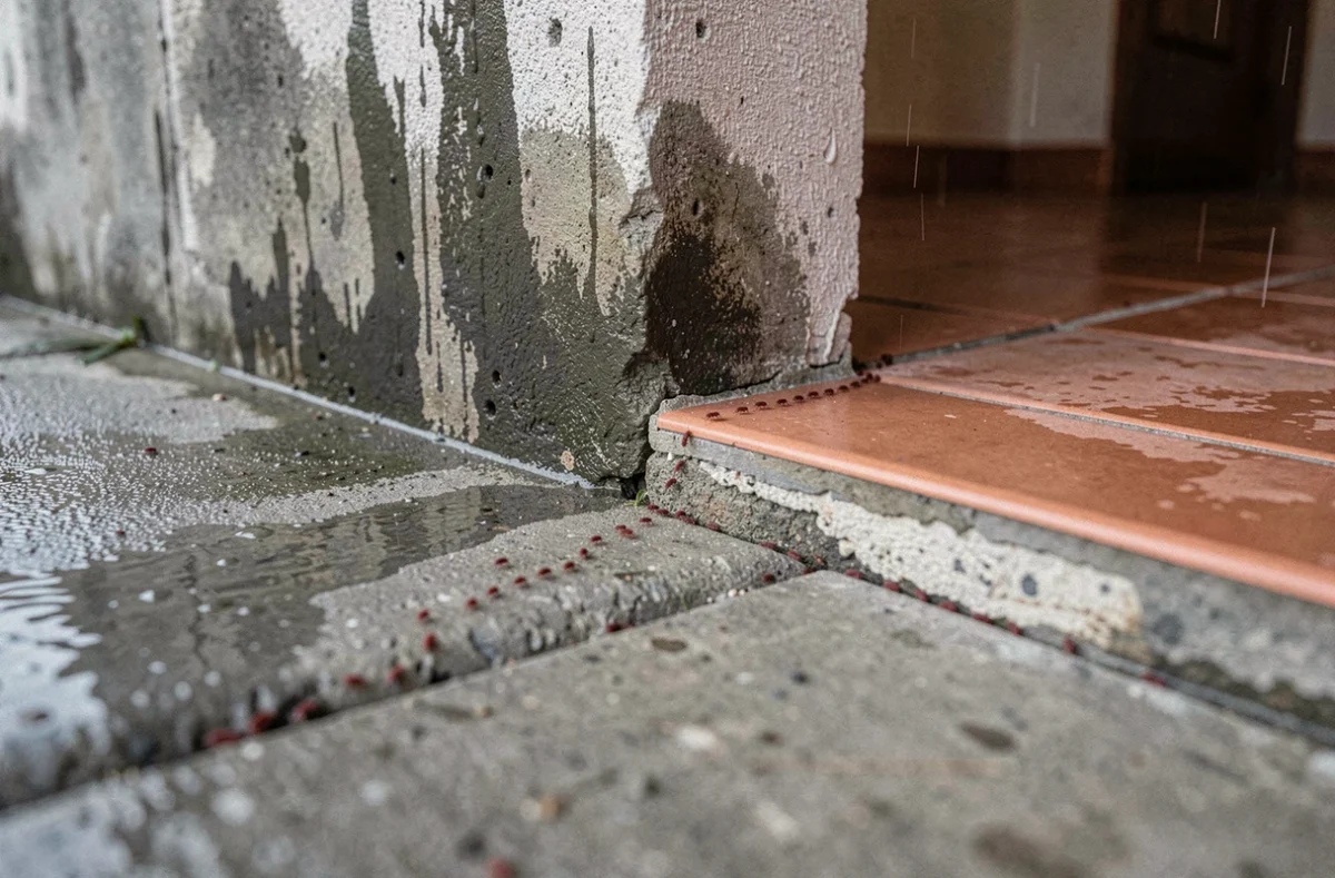 Petits insectes rouges envahissant l'intérieur d'une maison par un joint de sol après la pluie