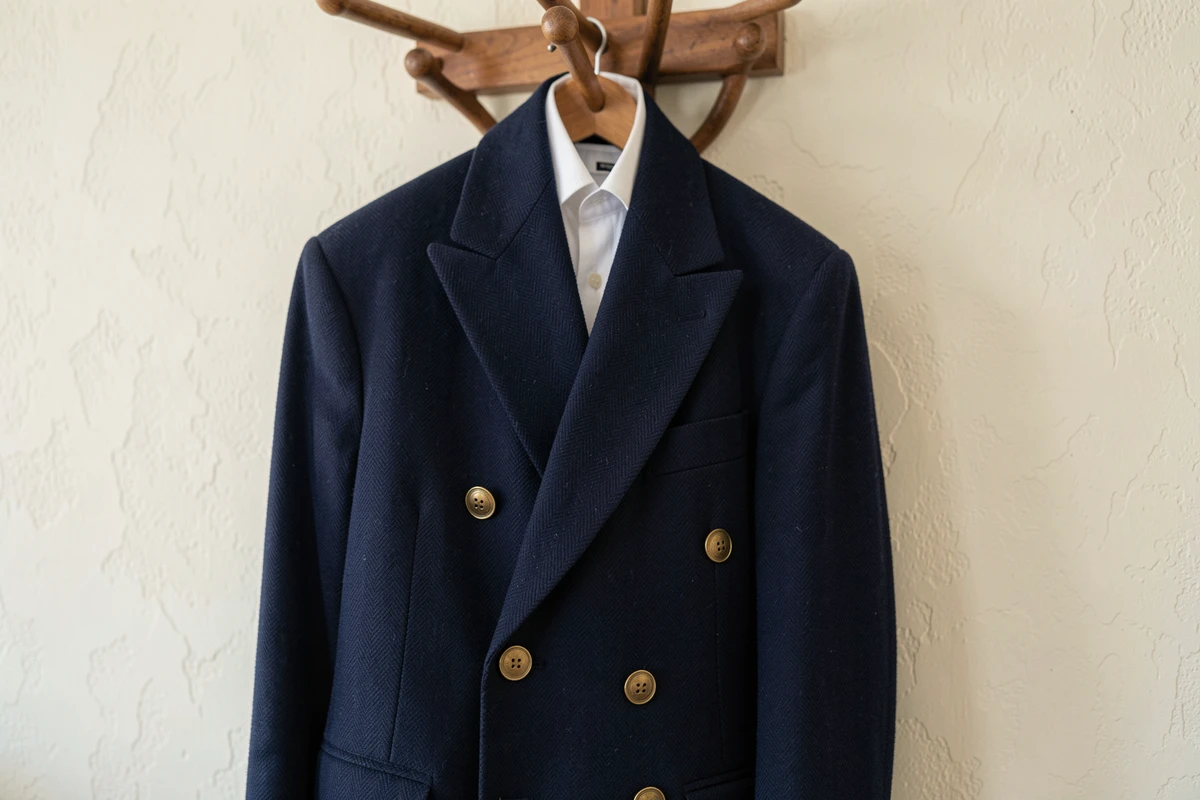 Veste d'uniforme marine bleu marine profond accrochée à un portemanteau en bois avec des boutons en laiton