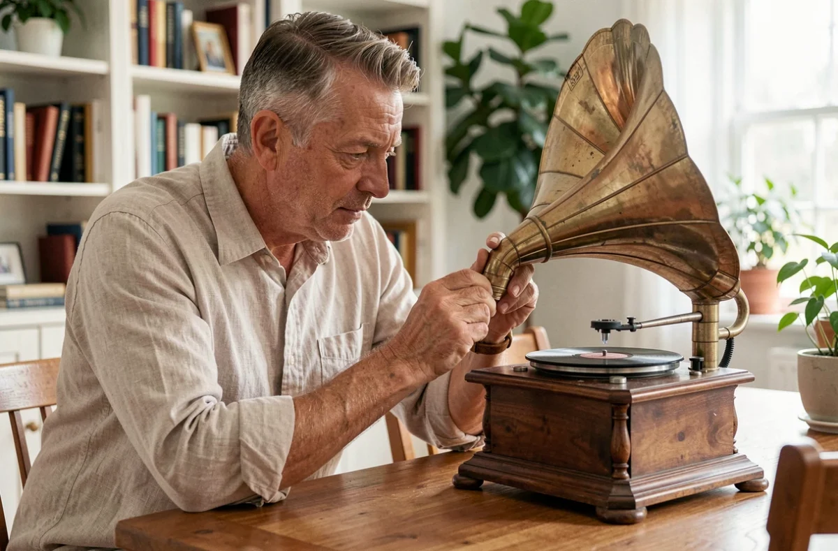 Homme examinant un gramophone ancien posé sur une table lors d'une transaction d'achat vente entre particuliers