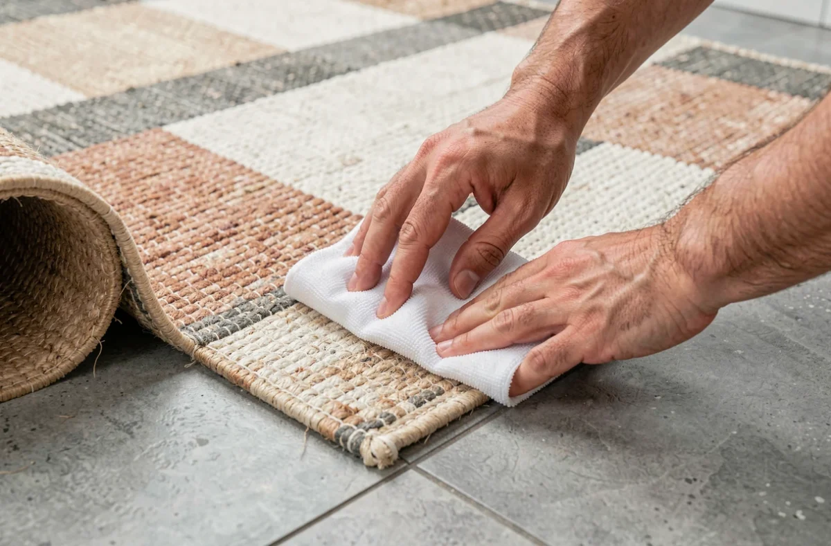 Mains masculines nettoyant une tache sur un tapis japonisant à tissage plat avec un chiffon en microfibre humide