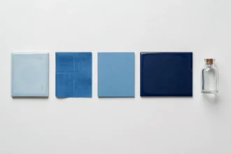 Collection de sept nuances de bleu représentées par des objets et matières variées disposés en rangée sur fond blanc