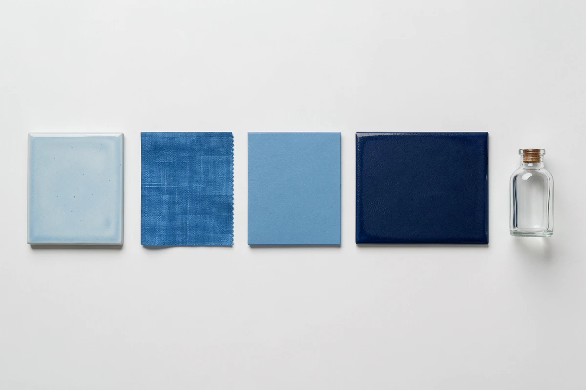 Collection de sept nuances de bleu représentées par des objets et matières variées disposés en rangée sur fond blanc