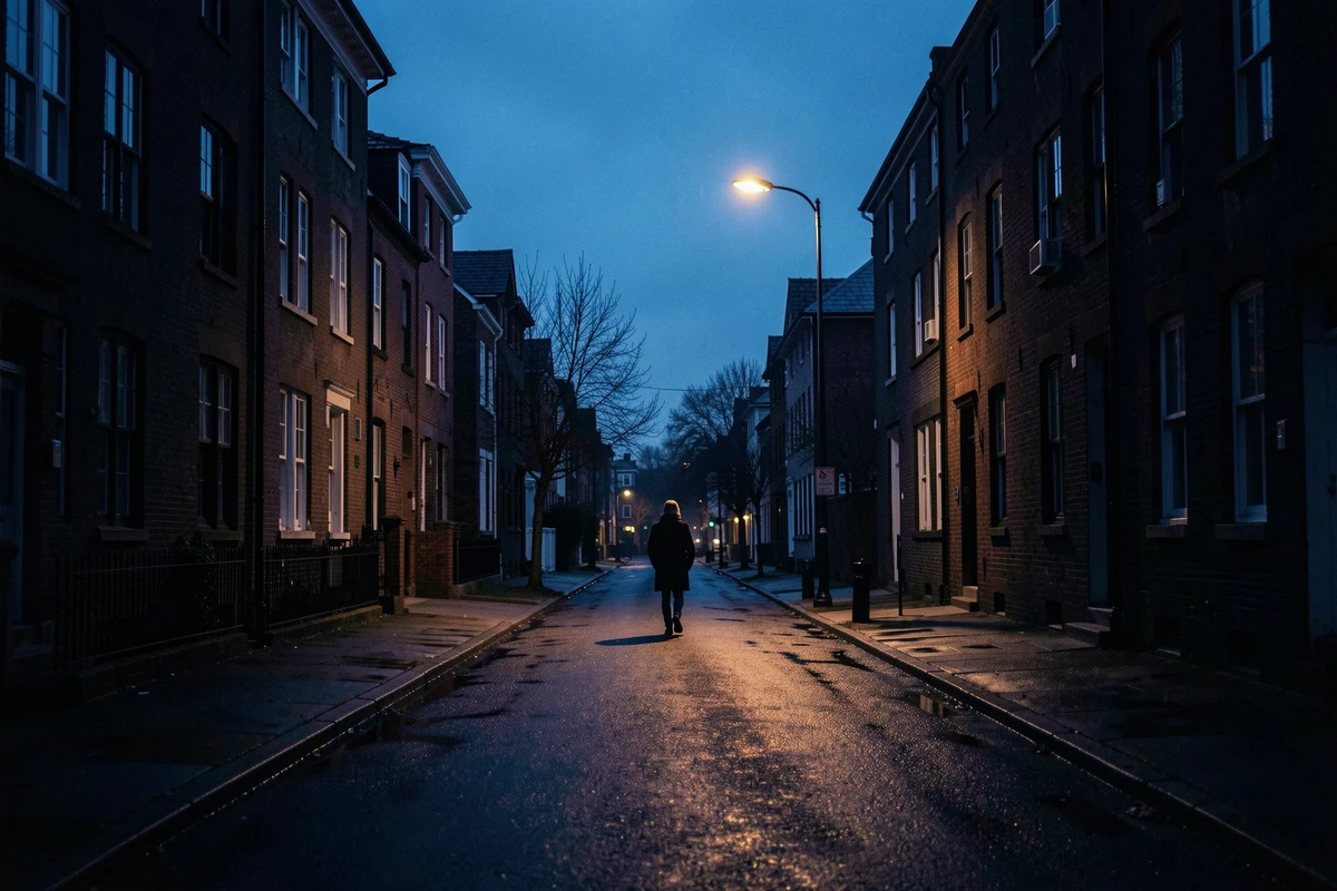 Rue calme de nuit plongée dans des tons bleu nuit profond avec une lampadaire et un passant s'éloignant
