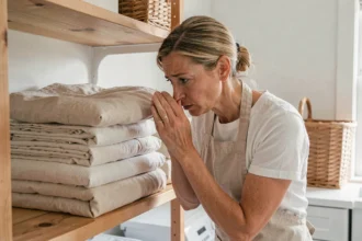 Femme détectant une odeur d'humidité sur du linge plié dans une buanderie domestique