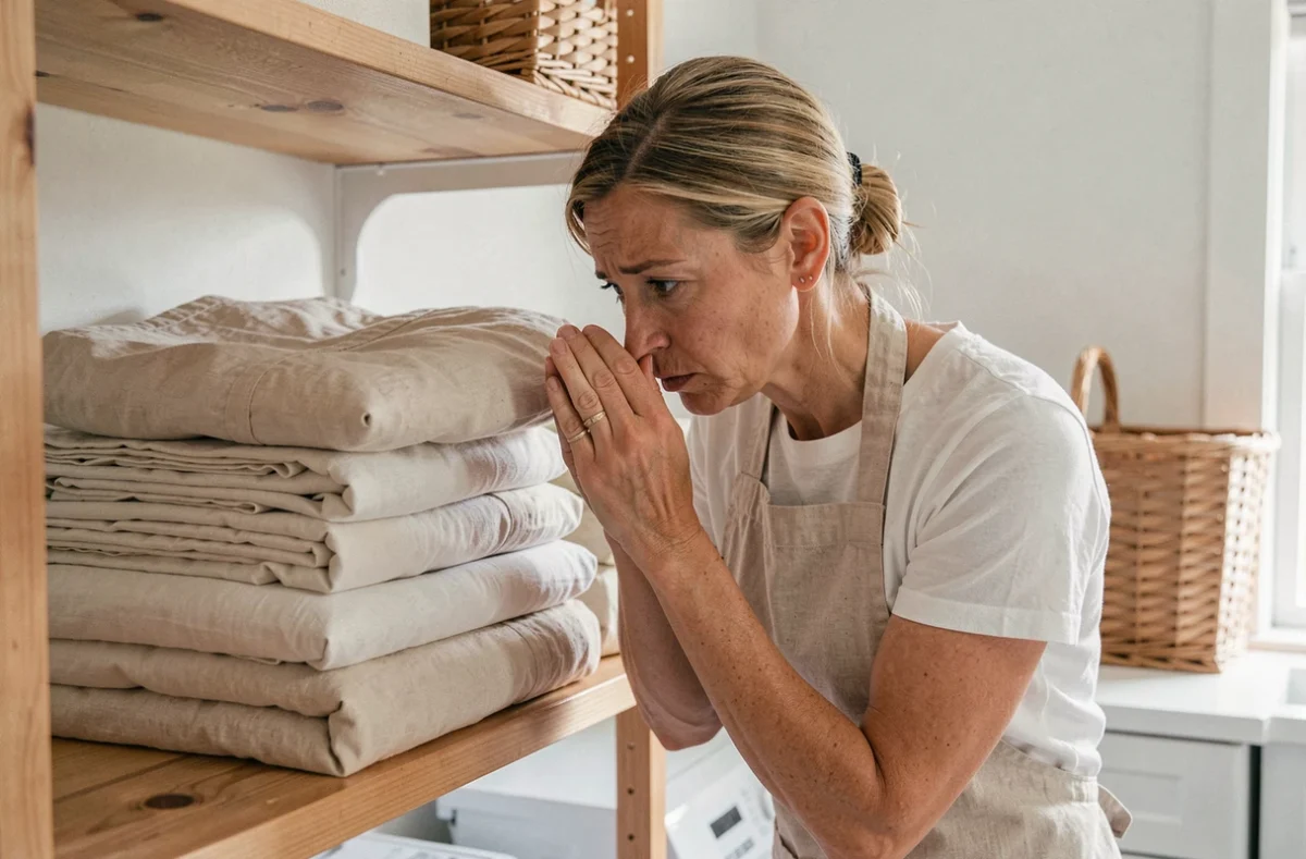 Femme détectant une odeur d'humidité sur du linge plié dans une buanderie domestique