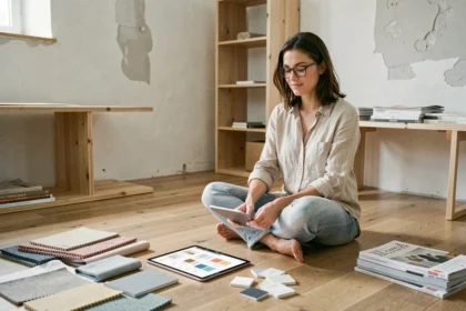 Femme planifiant un relooking intérieur avec une application de décoration sur tablette, entourée d'échantillons de tissu et de peinture dans un salon en rénovation