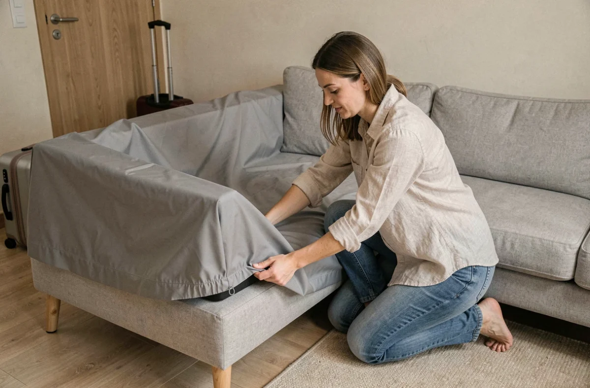 Femme en train de poser une housse imperméable sur un canapé en L dans un appartement de location