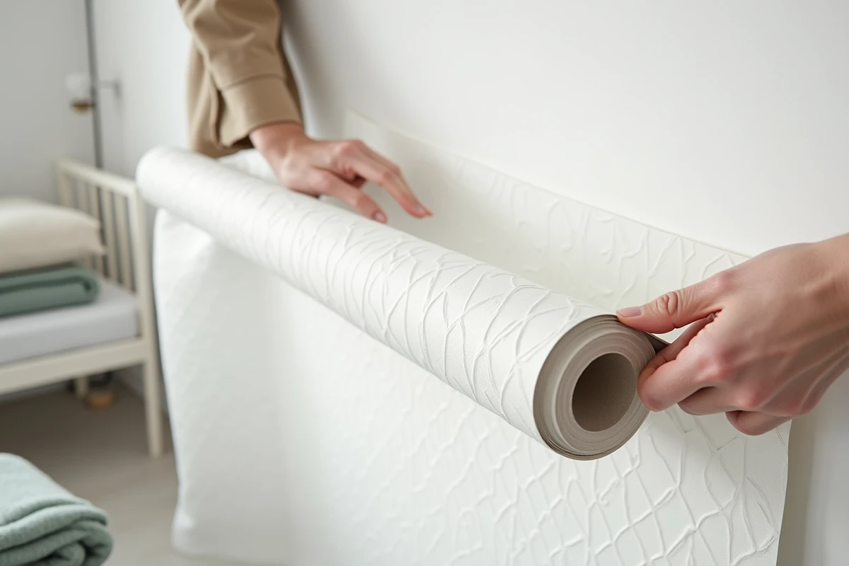 Pose de papier peint intissé blanc à motif nordique géométrique dans une chambre scandinave minimaliste