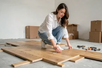 Jeune femme posant un parquet flottant à emboîtement dans un appartement en location, vue en cours d'installation