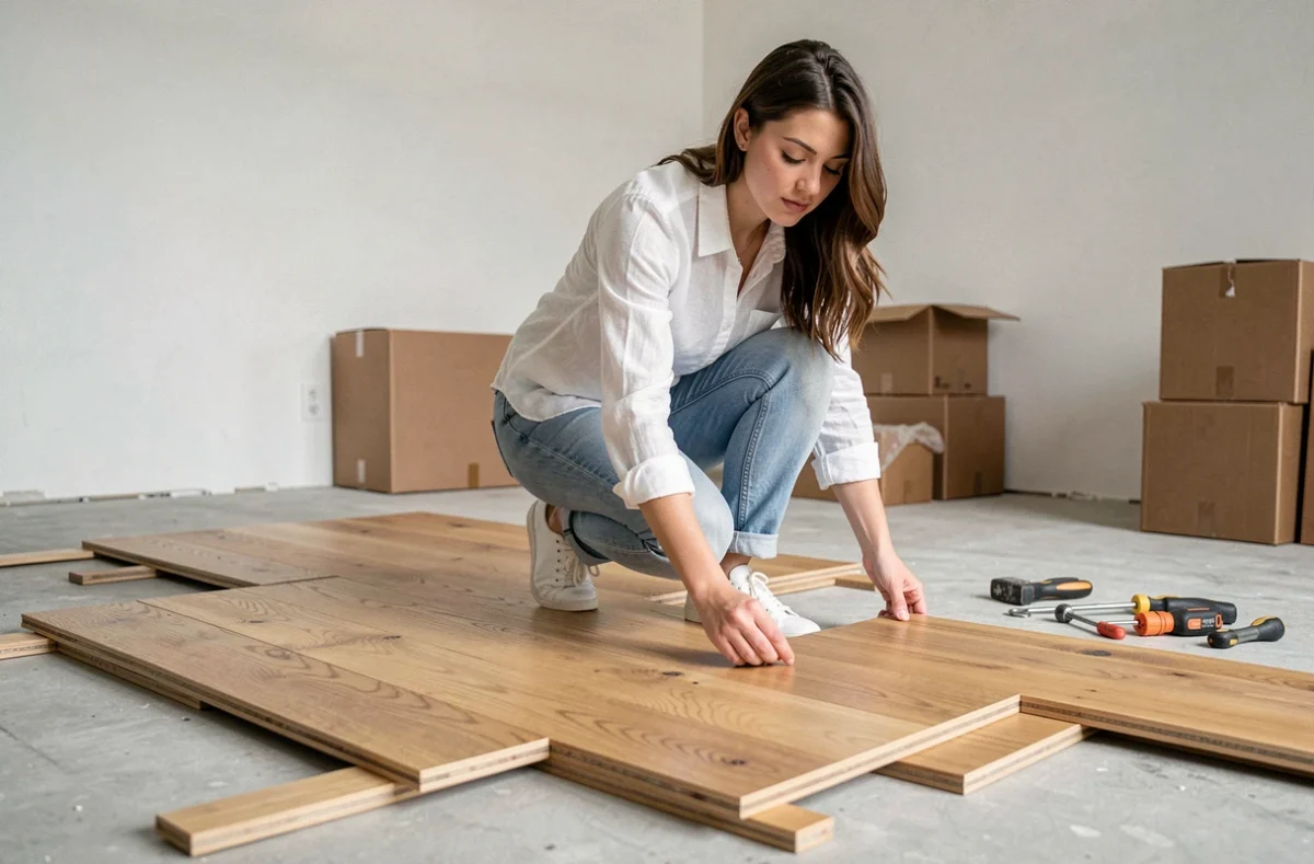 Jeune femme posant un parquet flottant à emboîtement dans un appartement en location, vue en cours d'installation