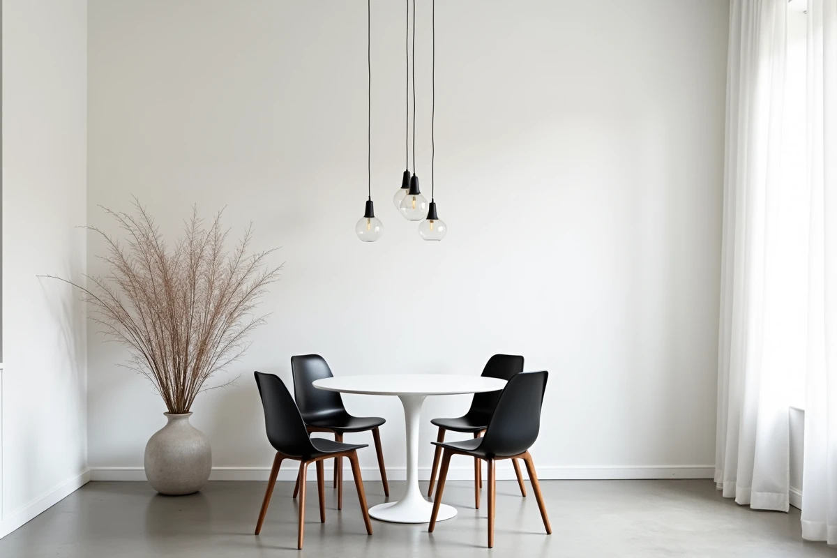 Salle à manger scandinave entièrement habillée de papier peint blanc intissé avec table ronde et chaises en bois courbé noir