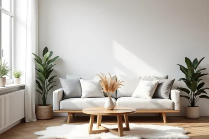 Salon scandinave avec papier peint blanc intissé texturé sur un mur accent, canapé en lin gris clair et parquet en chêne clair