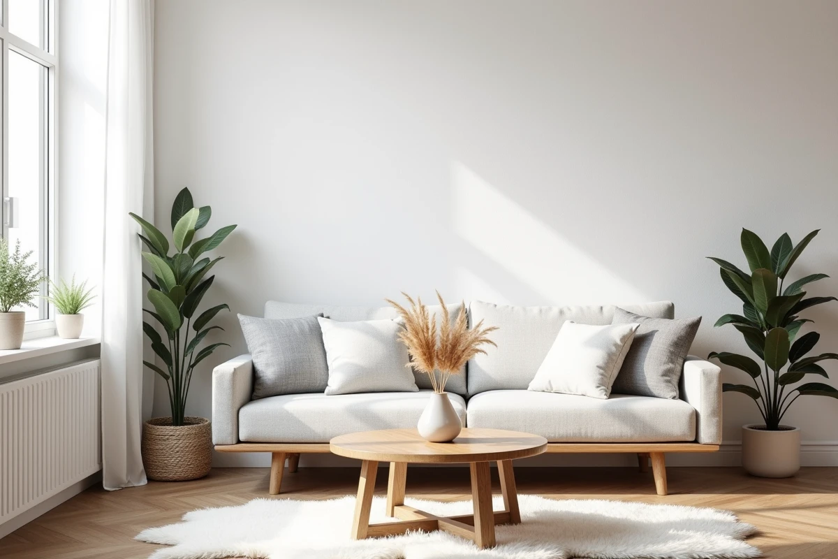 Salon scandinave avec papier peint blanc intissé texturé sur un mur accent, canapé en lin gris clair et parquet en chêne clair