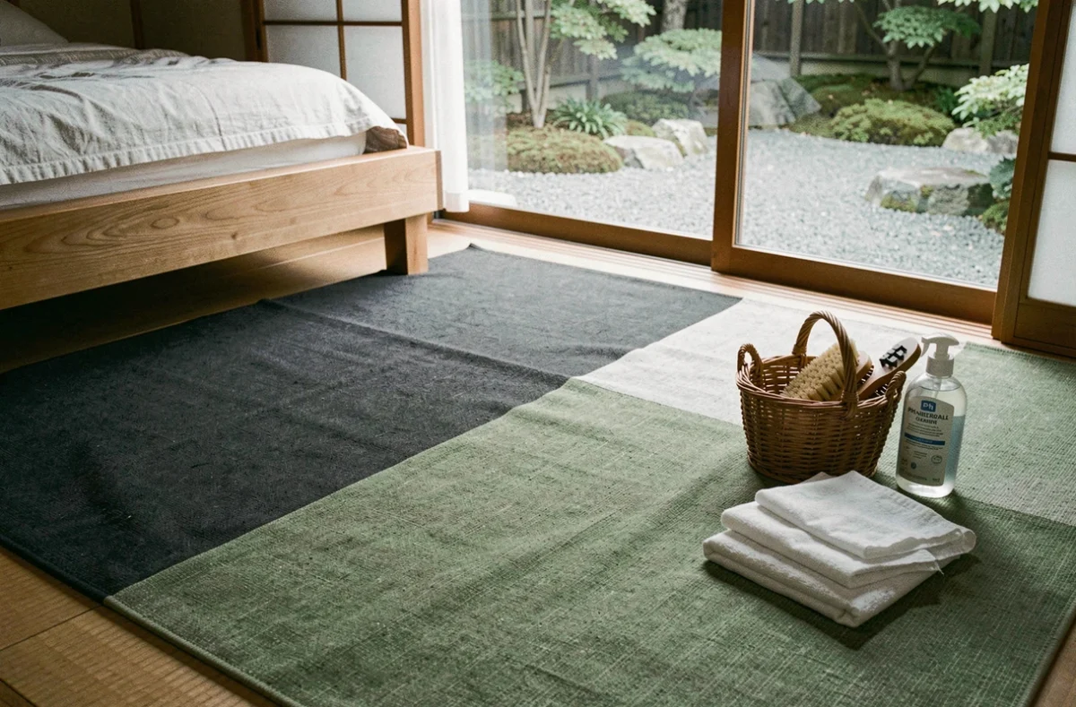 Tapis japonisant en train de sécher à plat dans un salon épuré avec accessoires d'entretien naturels disposés à côté