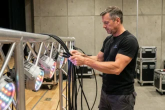 Technicien scénique connectant des câbles XLR à des projecteurs PARLED sur un pont de scène dans une salle de répétition professionnelle