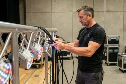 Technicien scénique connectant des câbles XLR à des projecteurs PARLED sur un pont de scène dans une salle de répétition professionnelle
