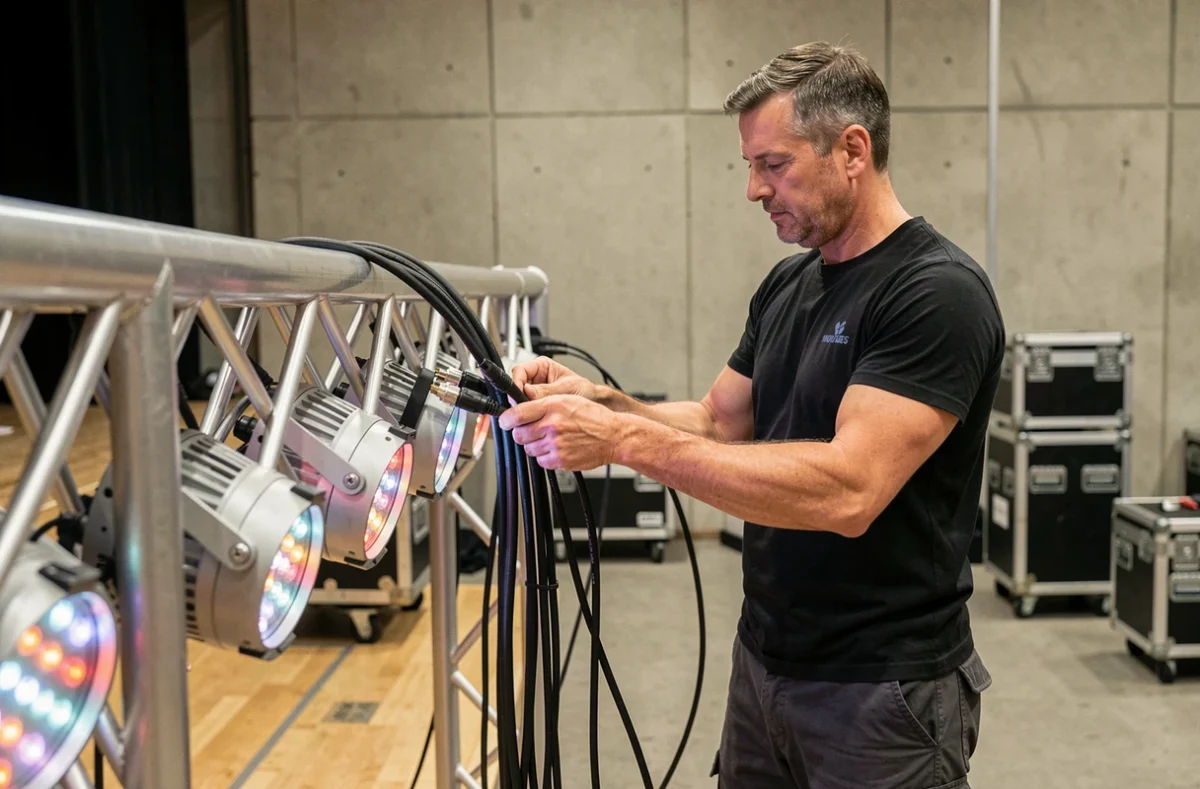 Technicien scénique connectant des câbles XLR à des projecteurs PARLED sur un pont de scène dans une salle de répétition professionnelle