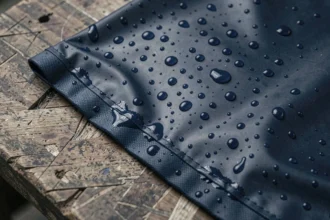 Gros plan sur un tissu enduit imperméable marine avec des gouttes d'eau perlant sur la surface, révélant les limites d'imperméabilité au niveau des coutures